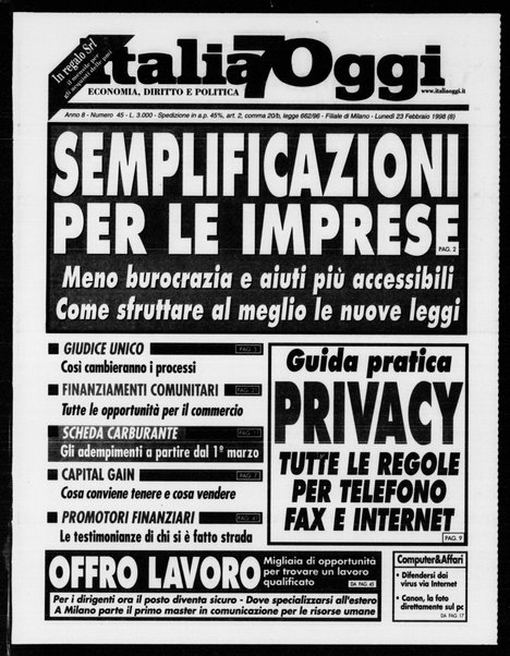 Italia oggi : quotidiano di economia finanza e politica